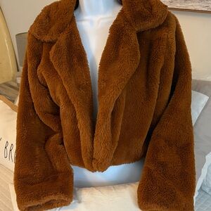Women's Plush Faux Fur Jacket - Caramel Brown